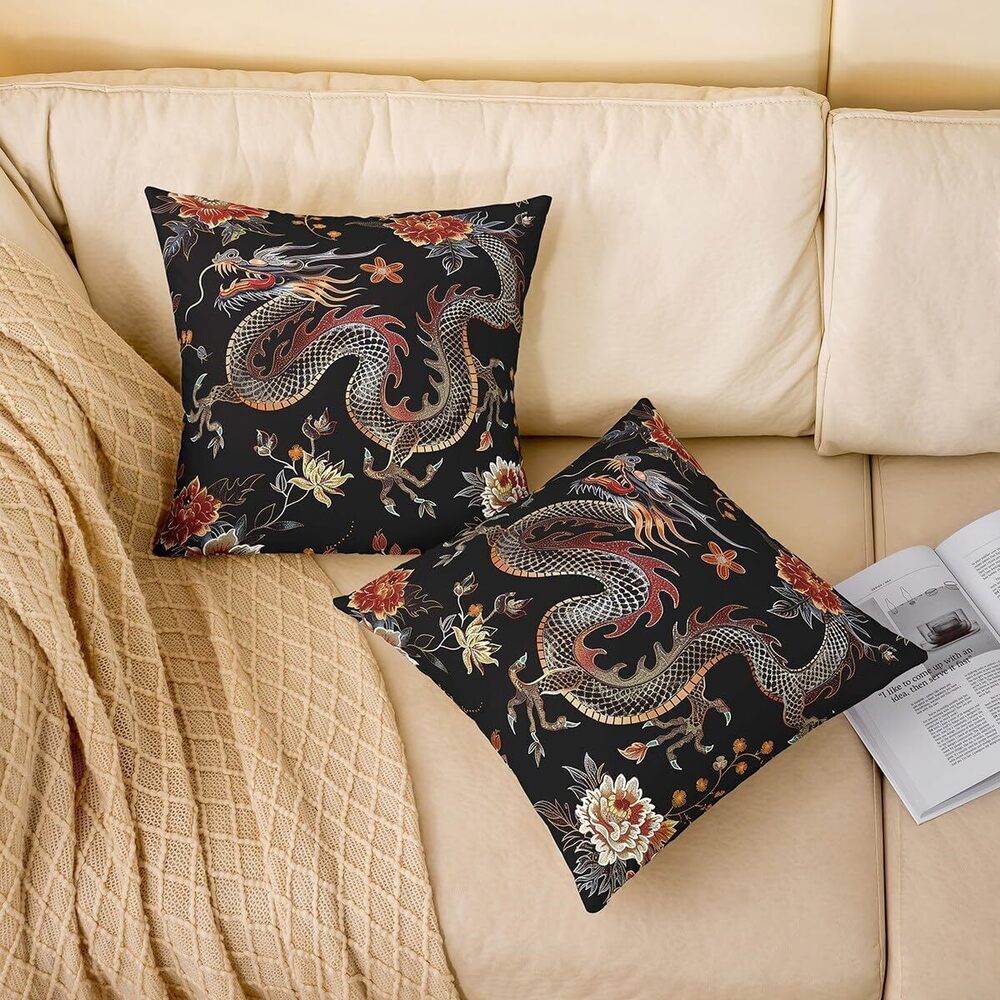 1151 Set of 4 Dragon Throw Pillow Covers,Traditional Exotic Dragon Print - Picture 3 of 7